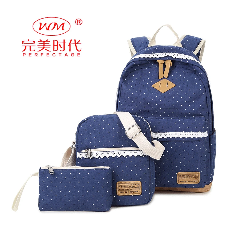 

Korean-style Casual Backpack Women's Canvas Polka Dot Schoolbag Multi-functional Three-piece Set Different Size Bags Backpack Fa