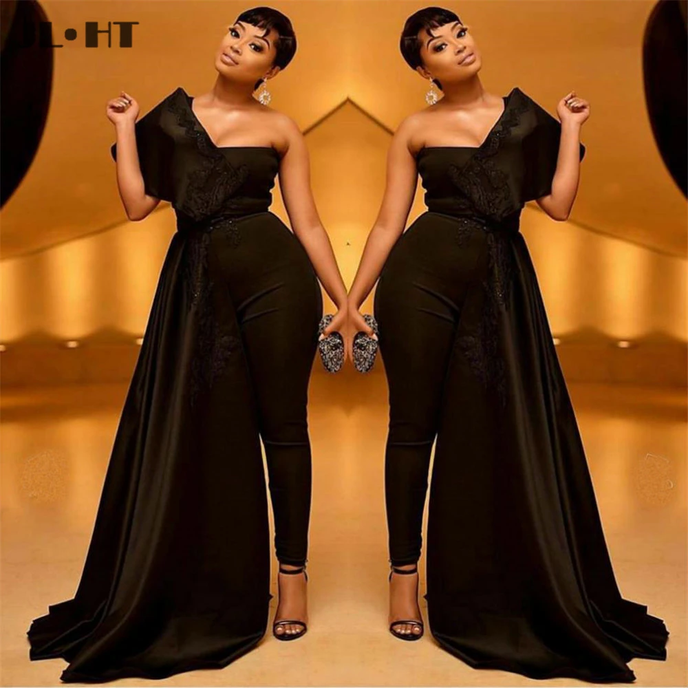 Schwarz Overall Abendkleider Lange mit Schwanz Appliques Hose Abendkleid  Elastische Sain Abendkleider Nach Maß|Evening Dresses| - AliExpress