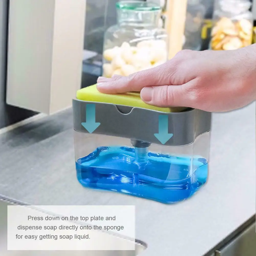 Kitchen Dish Soap Pump Dispenser with Sponge Holder 2-in-1 Press Countertop Rack 