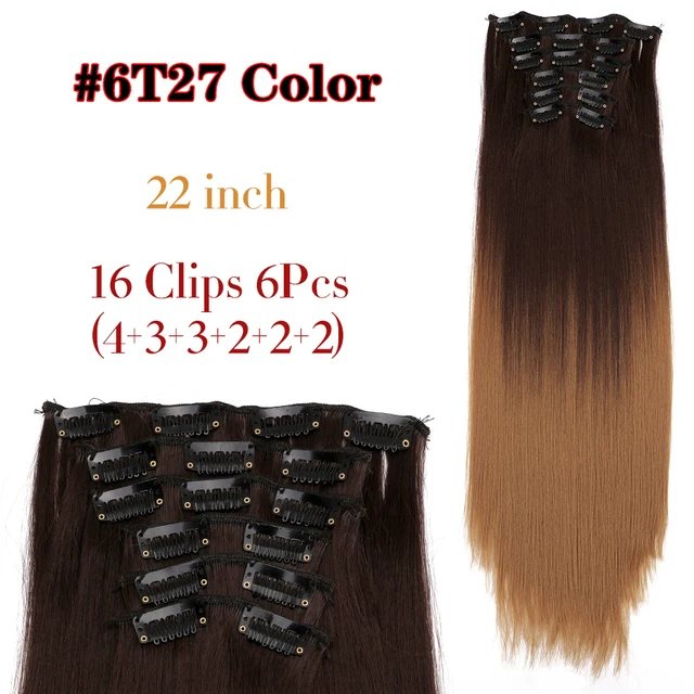 Synthetic 6H/613# Clip In On Hair Extensions 6Pcs/Set 16 Clips Hair Extension Full Head 55Cm Straight Synthetic Fiber Hairpieces 6T27