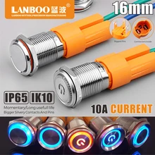 LANBOO Factory 16 мм высокий ток 10 А Высокая мощность 12 в 110 В 24 В 220 В светодиодный светильник с фиксацией мгновенный самоблокирующийся кнопочный переключатель
