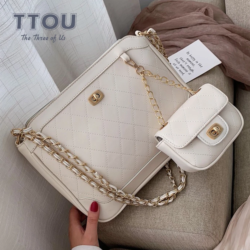 

TTOU Fashion 2 Pcs Luxury Diamond Lattice Handbag Set Quality Leather Chain Women Designer Classic Large Shoulder Bags Gifts New