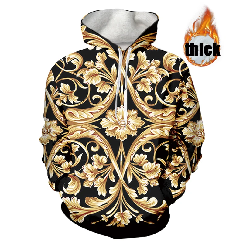 

UJIW Gold Flower Luxury Royal Baroque Thicken Hoodies 3D Print Pullover Sweatshirt Tracksuit Outfit Casual Outerwear Hoodies