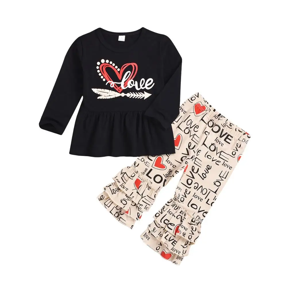

Baby clothes Toddler Kids Girl clothes set Letter Heart Love long sleeve Tops Ruffle Pants Valentine Outfits clothes Set