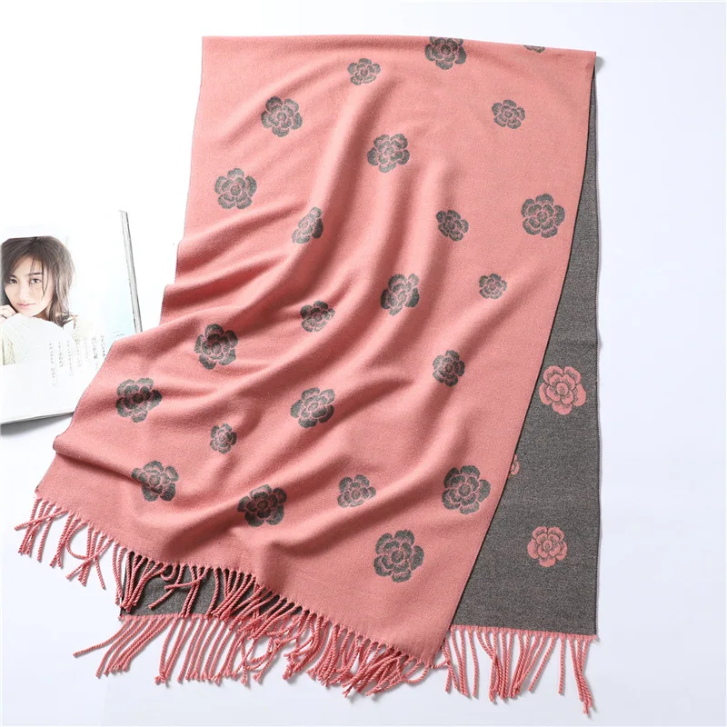 Брендовый дизайнерский зимний шарф для женщин, классический цветочный принт, шали и обертывания, толстые теплые пашмины, модные кашемировые шарфы с кисточками