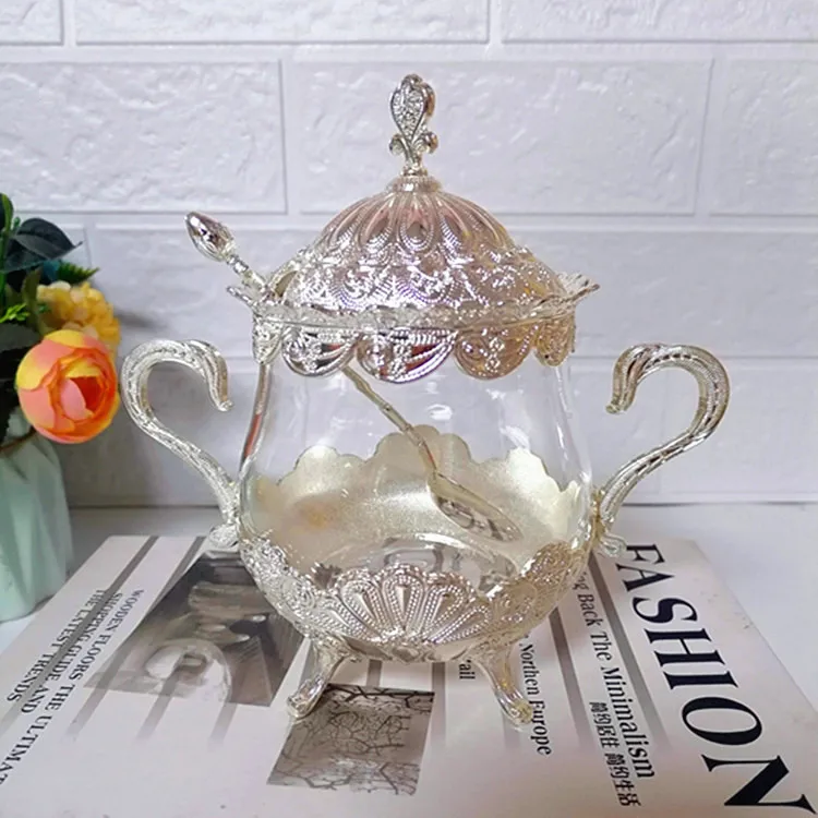 

Home fashion creative sugar cup gold plated silver plated glass seasoning can box metal coffee table glass sugar cup