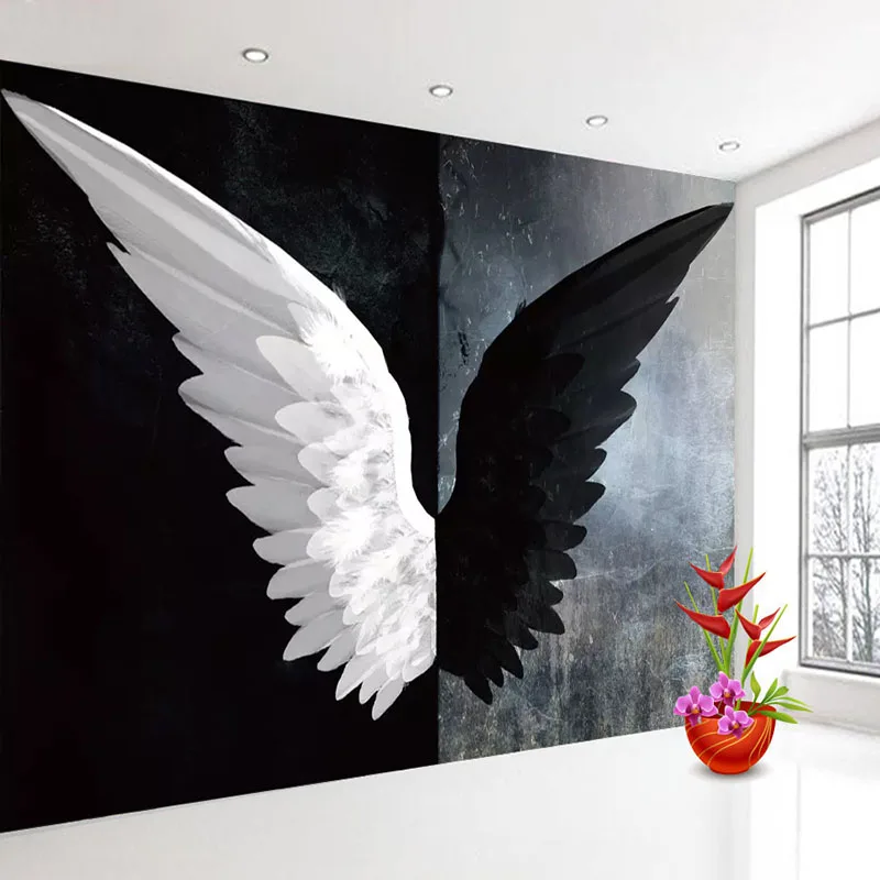 Custom-3D-Photo-Wallpaper-Nordic-Modern-Creative-Black-White-Angel-Wings-Art-Wall-Painting-Living-Room