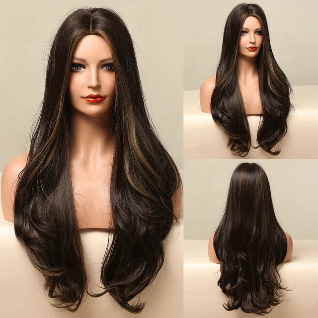 HENRY MARGU Long Black Brown Body Wave Synthetic Wigs Heat Resistant Natural Cosplay Wigs for Women Middle Part Hair Wigs LC5125-1