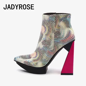 

Sexy Pointed Toe Women Autumn Ankle Boots Platform Short Botas Mujer Snakeskin Leather 11cm Chunky High Heels Botines Femininos