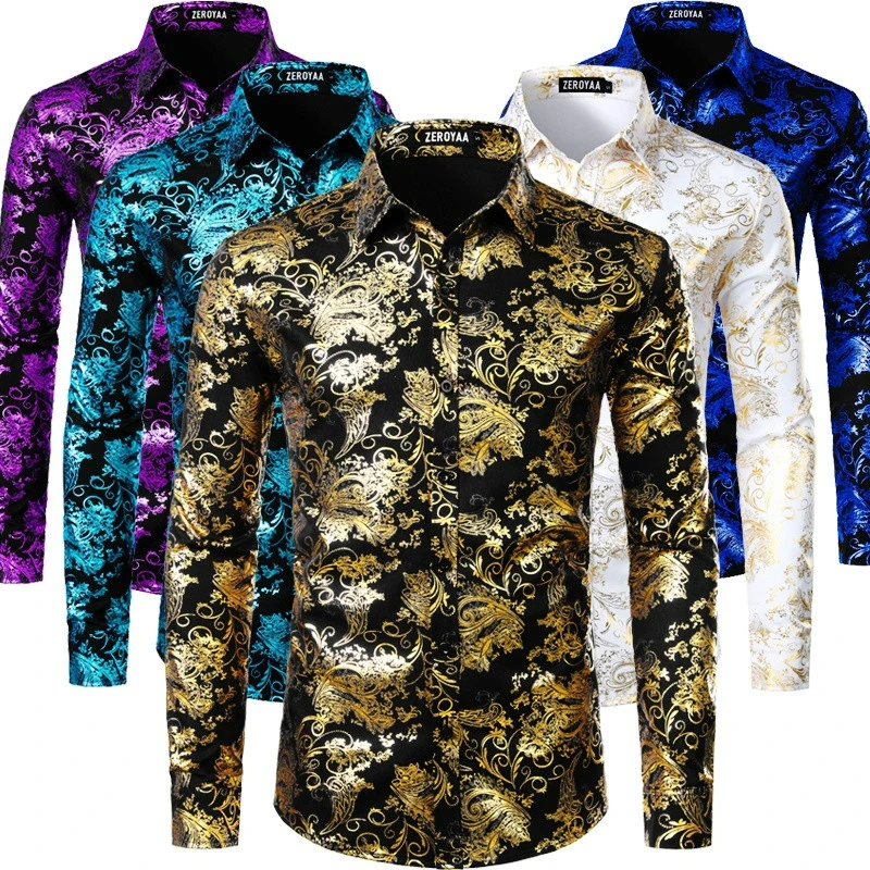 de con estampado Floral dorado brillante para hombre, Camisas elegantes ajustadas, camisa de manga para fiesta, baile de graduación y ropa|Camisas informales| - AliExpress