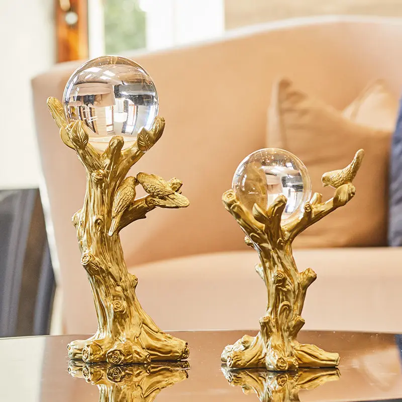 

European Resin Trunk Metal Bird Crystal Ball Decoration Porch TV Cabinet Figurines Crafts Livingroom Home Furnishing Ornaments