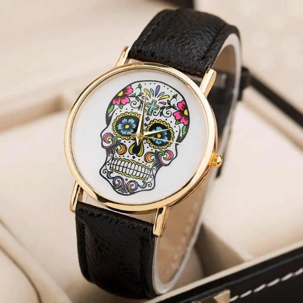 Топ череп для женщин часы Мексиканская Catrina Цветы Крест из искусственной кожи наручные часы Девушка Винтаж Мода повседневное Женева Стиль Reloj