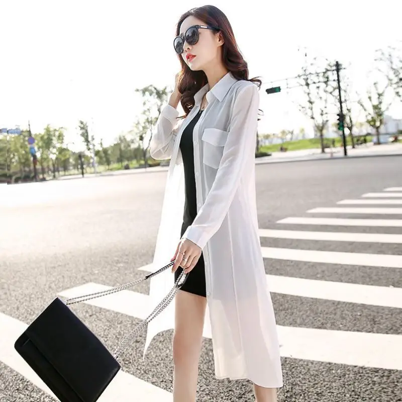 Big Size Wind Breaker For Women Long Sleeve Solid Loose Thin Jackets New Summer Ladies Fashion Chiffon Joker Medium Long Coats