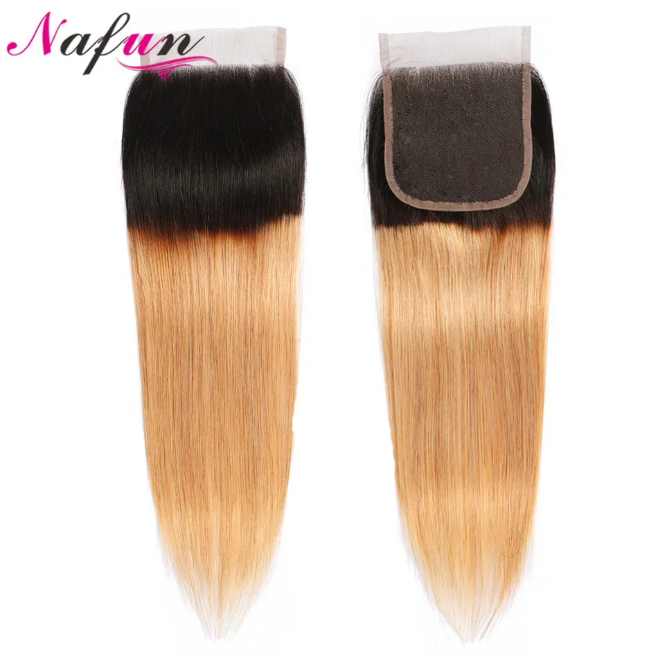 NAFUN Ombre Brazilian Straight Lace Closure Free Part 4x4 Honey Blonde 1b/27 Human Hair With Sightly baby Hair Non Remy 1 Piece