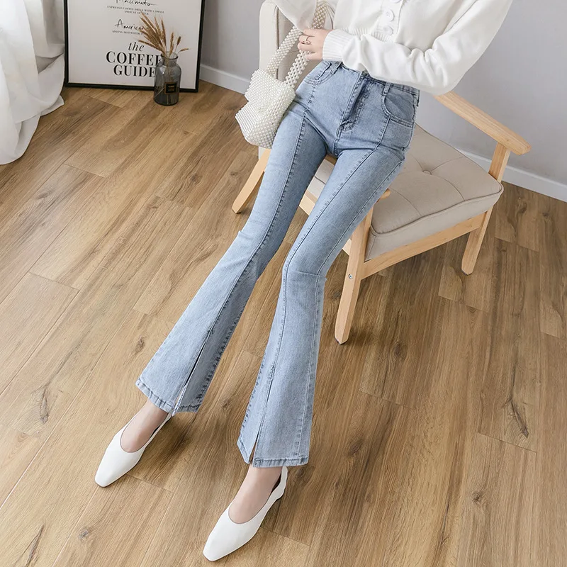 Джинсы женские с высокой талией тонкие Осенние новые корейские джинсовые расклешенные брюки