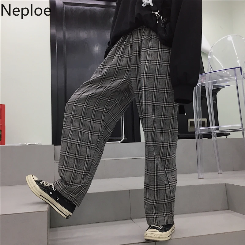 Neploe, корейские ретро простые клетчатые Широкие штаны, повседневные свободные клетчатые штаны унисекс для влюбленных, осенне-весенние мягкие свободные штаны 47478