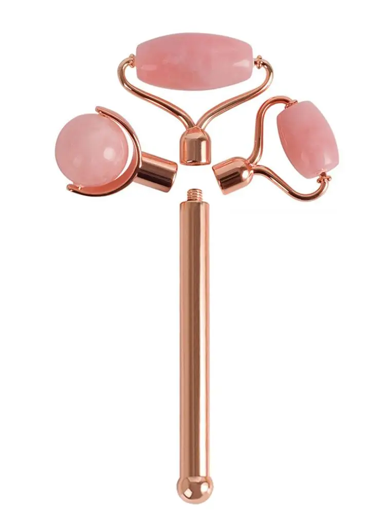 

Rose Quartz Roller Slimming Face Massager Lifting Tool Three Heads Facial Massage Roller Stone Skin Massage Beauty Care Set Box
