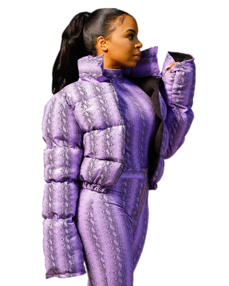 purple puffer jacket