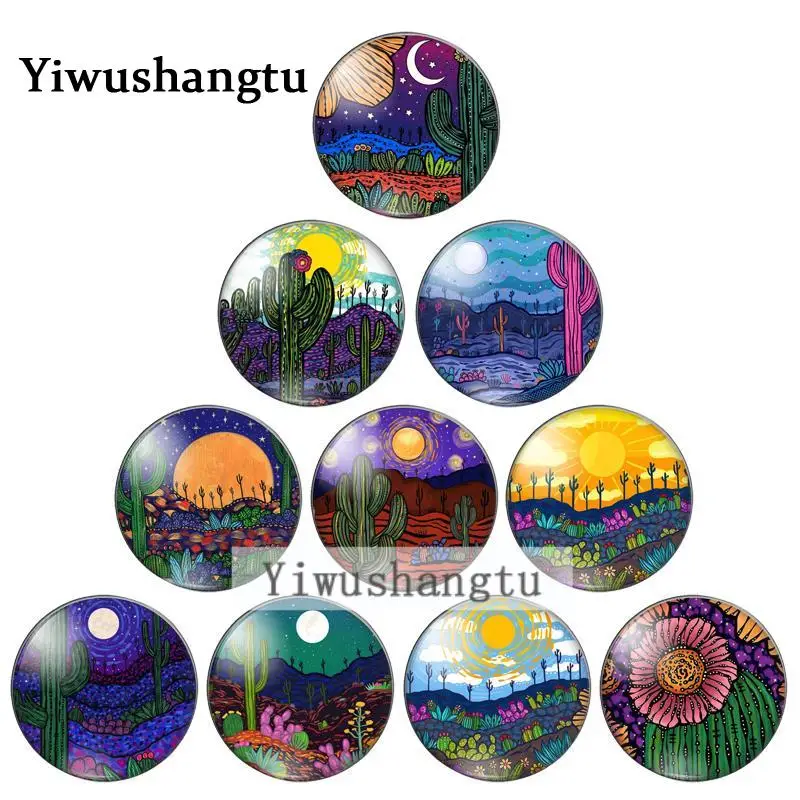 

New cactus sunny color painting 10mm/12mm/18mm/20mm/25mm Round photo glass cabochon demo flat back Making findings ZB0543
