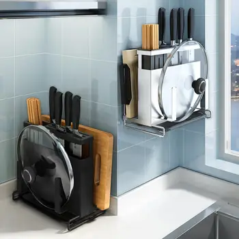 

Stainless Steel Cutting Board Rack Wall Mounted Pot Lid Holders and Cutlery Rack Drill-Free Kitchen Storage Rack for Chopsticks