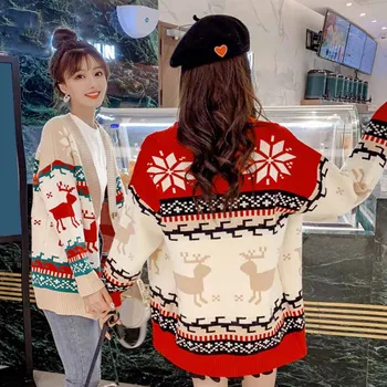 

Women's Christmas Knitted Sweater Cardigan V-Neck Deer Button Cardigans Female 2020 Winter Autumn Festival Sweaters Women