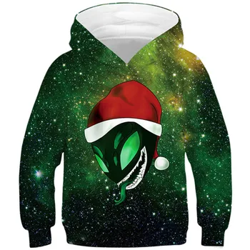 

Children Harajuku Style Hoodies Christmas Alien UFO Green Galaxy Universe Star 3D Sweatshirts Boys Girls Paint Color Kids Tops