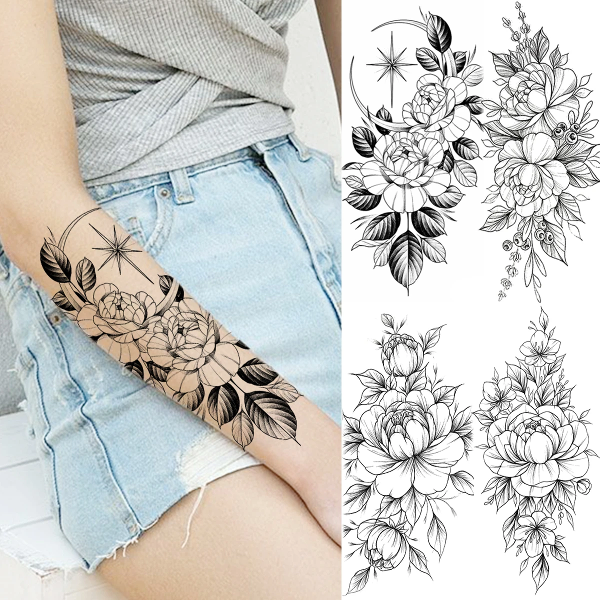 Tatouage Fleur Avant Bras Femme Faux Tatouage 3d Pour Femmes, Fleur De Pivoine Noire, Lune, Avant-bras,  Pour Fille Adulte, Étanche, Peinture D'art Corporel - Tatouages Éphémères -  AliExpress