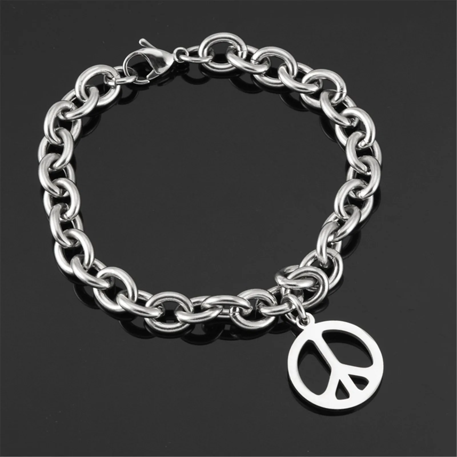 

Peace Sign Bracelet Stainless Steel Anti War Hippie Round Metal Hand Chain for Men and Women Hip Hop Punk Rock Style