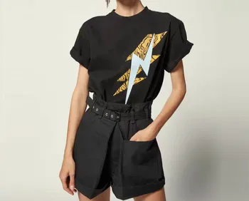 

2020 Spring Summer Women Colorblock Print Lightning Pattern Cotton Casual Round Neck Short Sleeve T-shirt L1