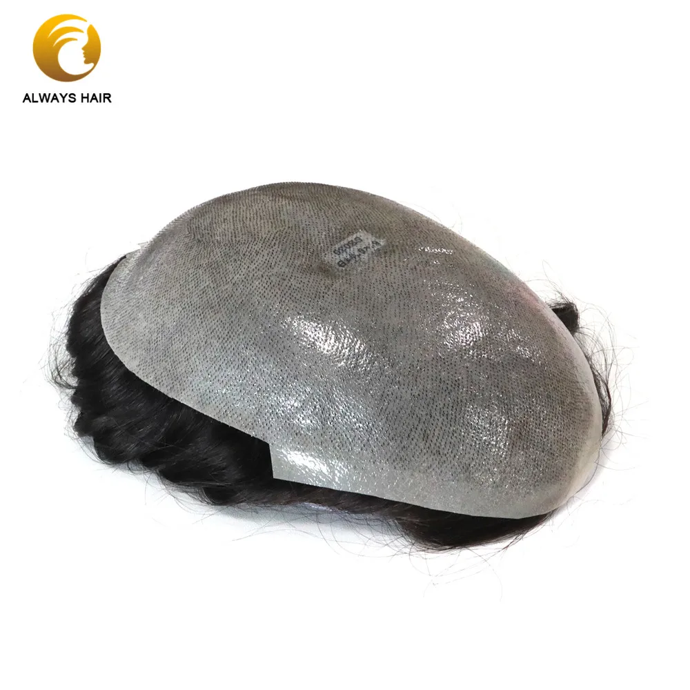 

Hs Skin 0.08-0.1mm Thin Polyskin All Over Man Toupee 6" 120% 1/8" V looped Hairline Mens Wigs Indian Human Hair
