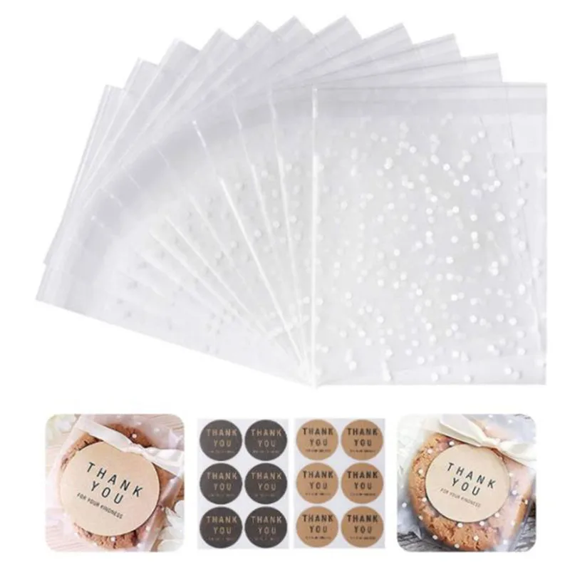 100pcs Transparent Candy Cookie Plastic Bags Self-Adhesive Biscuits Supplies 