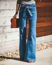 Женские джинсы размера плюс, с высокой талией, широкие, расклешенные, джинсы, для мам, повседневные, на шнуровке, с бантом, с поясом