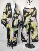 African Women Fashion Outfits Printed Two Pieces Set Plus Size Bohemian Kuwait Loose Kaftan Pants +Long Kimonos For Party 2
