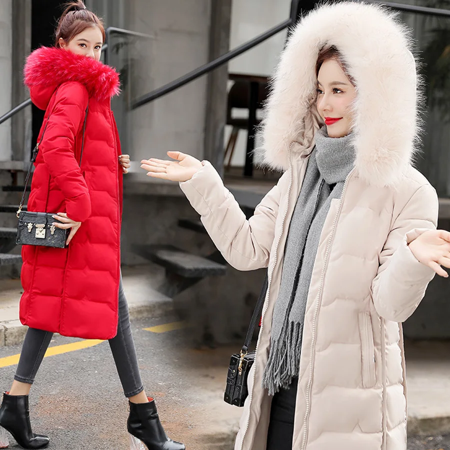 #*Cheap winter coat women fur collar hooded warm thicken long jacket female zipper Pockets outerwear parka plus size chaqueta mujer