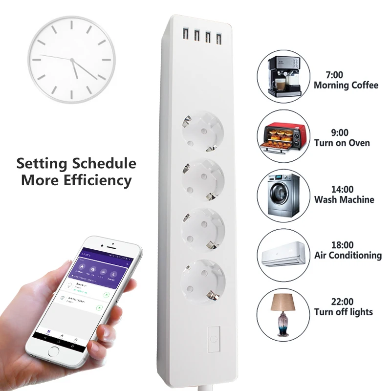 Wifi Smart Power Strip 4 EU Outlets Plug With 4 USB Port Timing App Voice Control Work With Amazon Alexa And Google Assistant