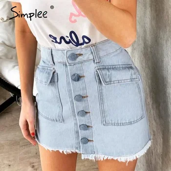 

Simplee Tassel A-line jeans skirt women High waist chic button pockets female denim skirt Streetwear ladies party mini skirt