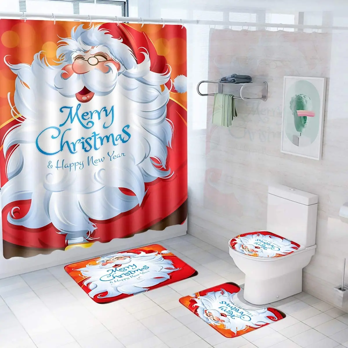 Non-Slip Rug+Toilet Lid Seat Cover+Bath Mat Shower Curtain Bathroom Set 