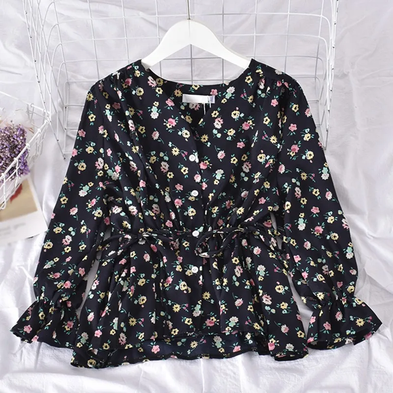 Women's V-Neck Chiffon Shirt Long Sleeve Korean Style Ladies Floral Print  Summer Sweet Blouses 2020