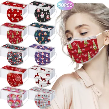 

50pc Disposable Mask Christmas Nonwoven 3layer Ply Filter Mask Mouth Face Mask Filter Safe Breathable Dustproof Protective Masks