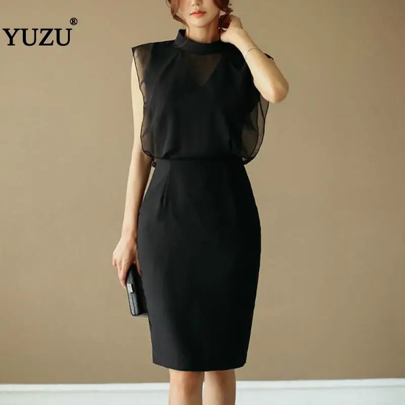 

Black Bodycon Dress Summer Stand Collar Leeveless Mesh Backless Hollow Out Office Lady Solid Knee-length Pencil Dresses