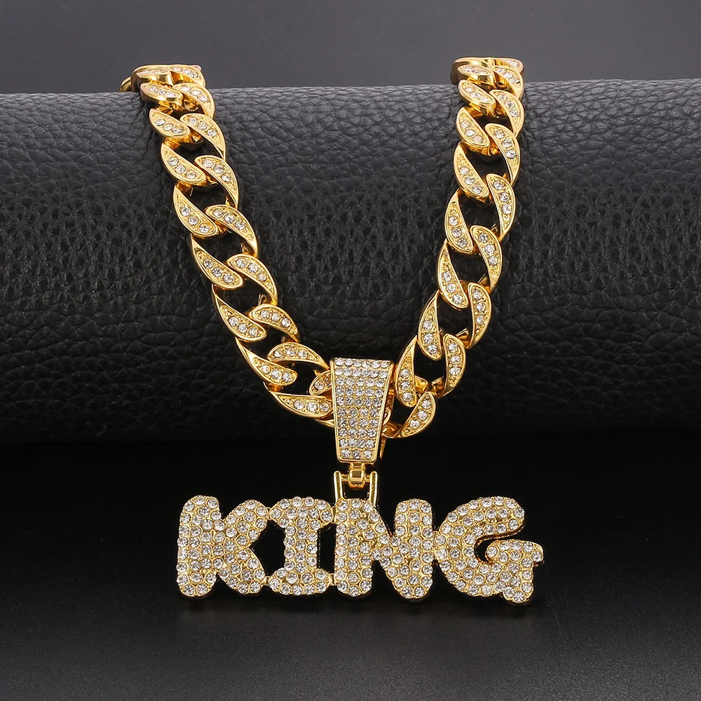

Men Women Hip Hop KING Letter Pendant Necklace Miami Gold Cuban Link Chain Iced Out Bling HipHop Necklace for Men Jewelry Choker