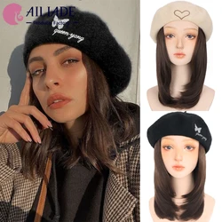 AILIADE Straight Synthetic Wig With Hat Autumn Winter Berets Hat Wig Natural Brown Black Wigs for Woman Girl Hair Extension