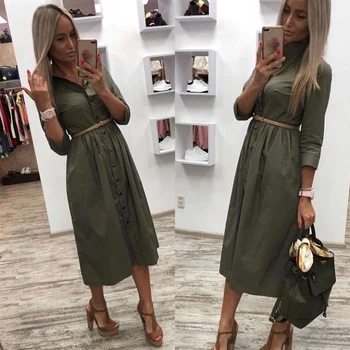 Women Casual Sashes a Line Party Dress Ladies Button Turn Down Collar OL Style Shirt Dress 2019 Summer Solid Knee Dress 8