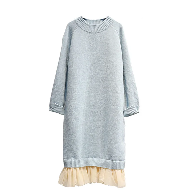 

SexeMara 2019 Winter New Full Sleeve O-neck Mid-calf Stitiching Mesh Hem Solid Color Ladies Fashion Loose Knitted Dress CDS085