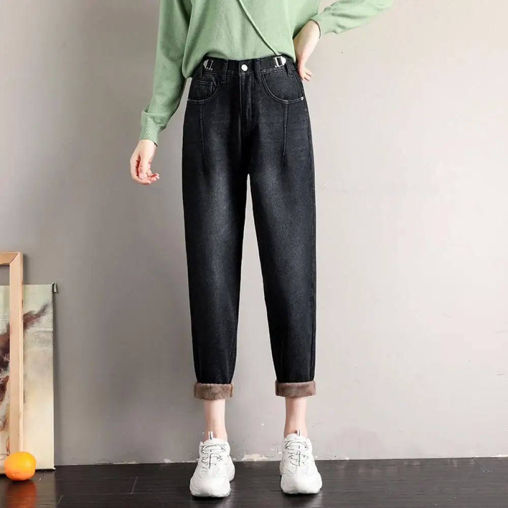 

Velvet Jeans Woman Casual Vintage Harem Denim Pants High Waist Denim Streetwear Loose Ankle-length Trousers 2020 New Thicken