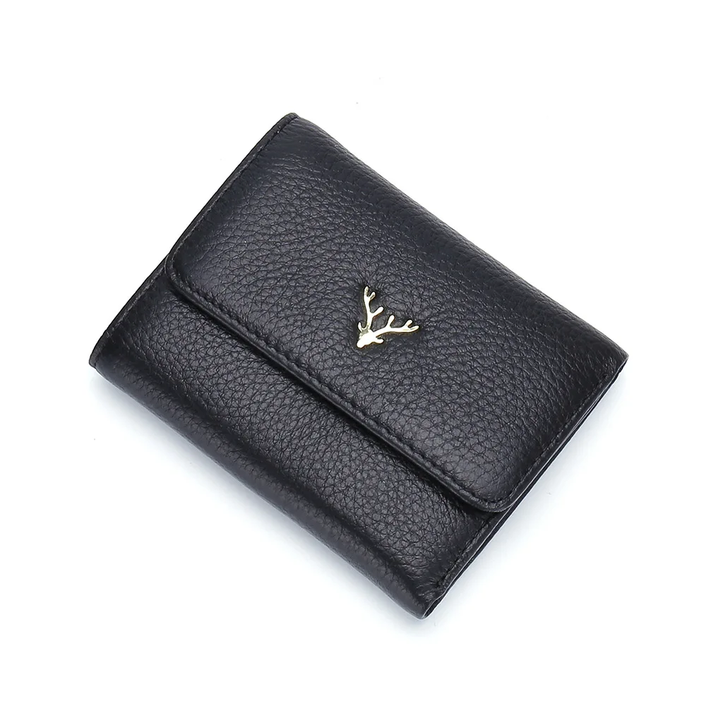 New fashion short wallet ladies first layer leather simple small wallet foldable thin - Цвет: black