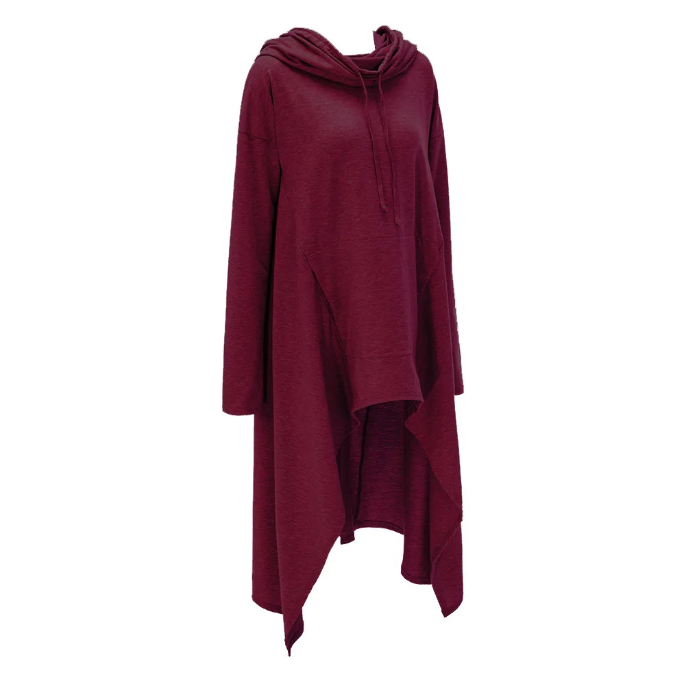 Solid Color Full Sleeve Hooded Pullover Hoodie Autumn Casual Women Pockets Fitting Standard Asymmetrical Long Hoodie MK5315