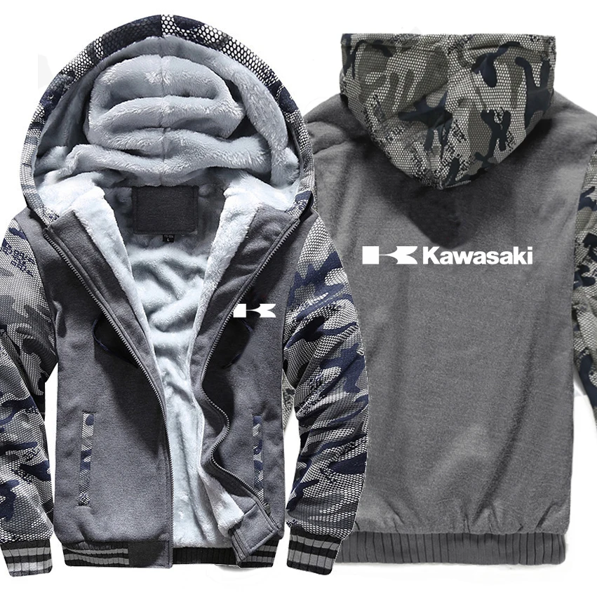 Kawasaki, моторные толстовки зимняя камуфляжная теплая зимняя куртка с капюшоном на утином Для мужчин флис Мотоцикл Kawasaki Толстовка