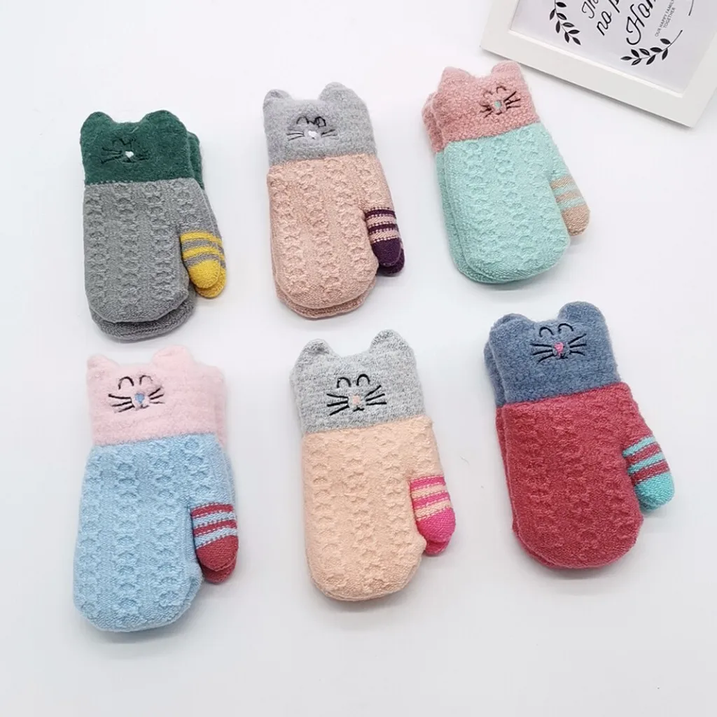 Детские перчатки для мальчиков и девочек; зимние теплые вязаные перчатки в стиле пэчворк с рисунком кота; перчатки для малышей