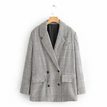 

Vintage Chic Women Houndstooth Plaid Blazers Fashion Elegant Office Ladies Double Breasted Blazer Coats Pockets Notched Casaco